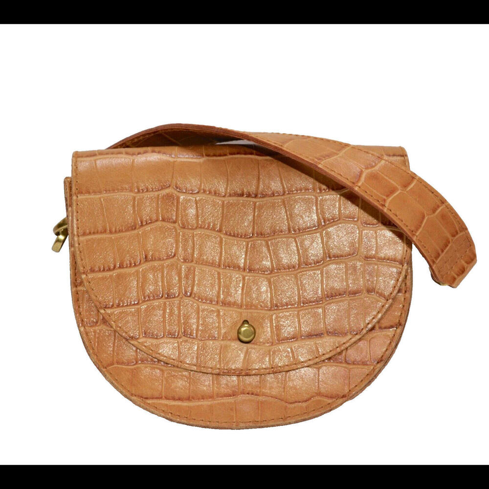 Madewell Half Moon Carryall Bag Croco Embossed Tan Leather Clutch Purse Handbag